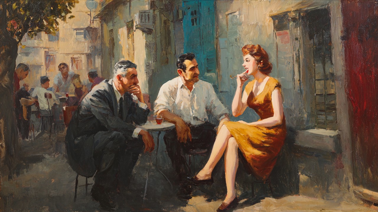 1940'lar Türkiye'de sokakta oturan üç Türk şairi, Orhan Veli Kanık, Melih Cevdet Anday ve Oktay Rifat, samimi sohbet ederken.