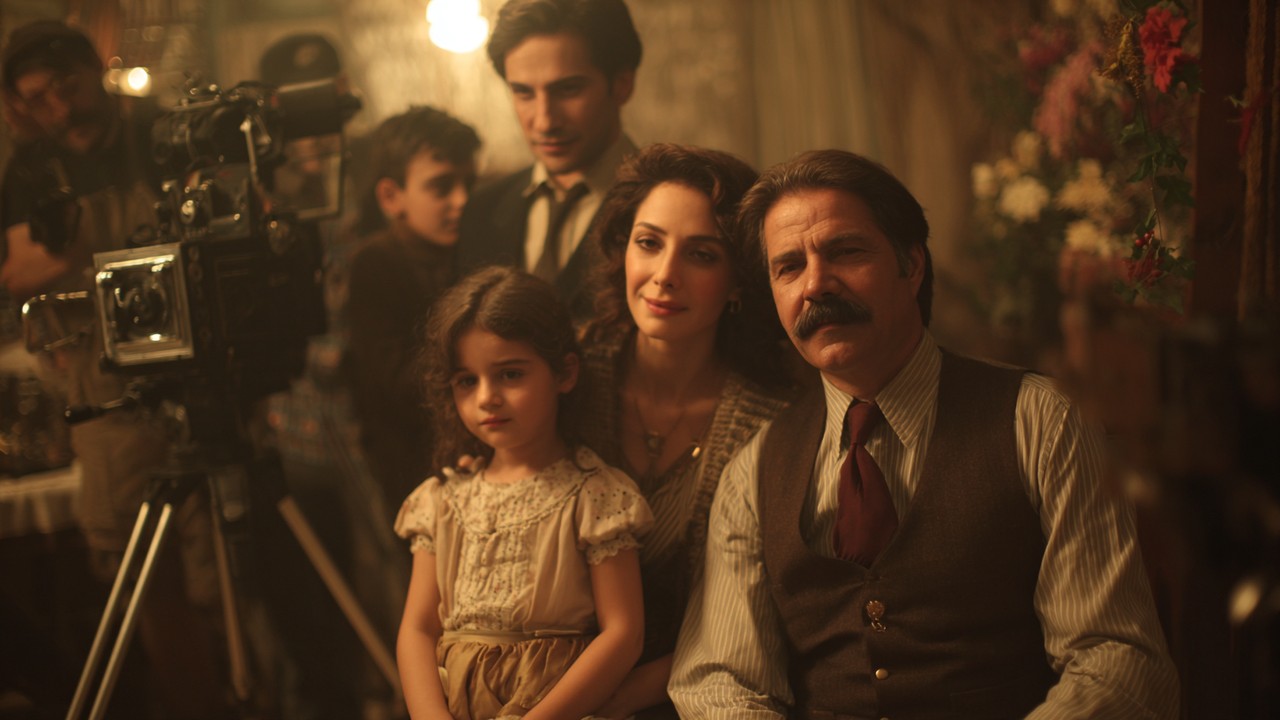 1970-1980'ler Türk sinemasını yansıtan, vintage film setinde kamera ve oyuncularla duygusal aile ve toplumsal drama sahnesi