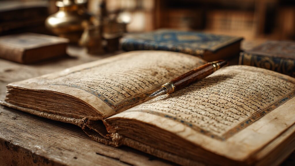 Açık eski Osmanlı Türkçe el yazması kitap, ahşap masa üzerinde modern Türkçe kitaplar ve vintage kalemle, sıcak doğal ışıkta.