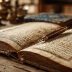Açık eski Osmanlı Türkçe el yazması kitap, ahşap masa üzerinde modern Türkçe kitaplar ve vintage kalemle, sıcak doğal ışıkta.