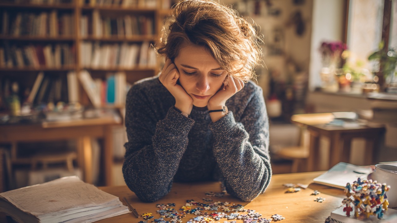 Ahşap masada puzzle parçaları, mantık kitapları ve notlarla meşgul, düşünceli kişi zorlu beyin egzersizi yaparken, çalışma odasında.