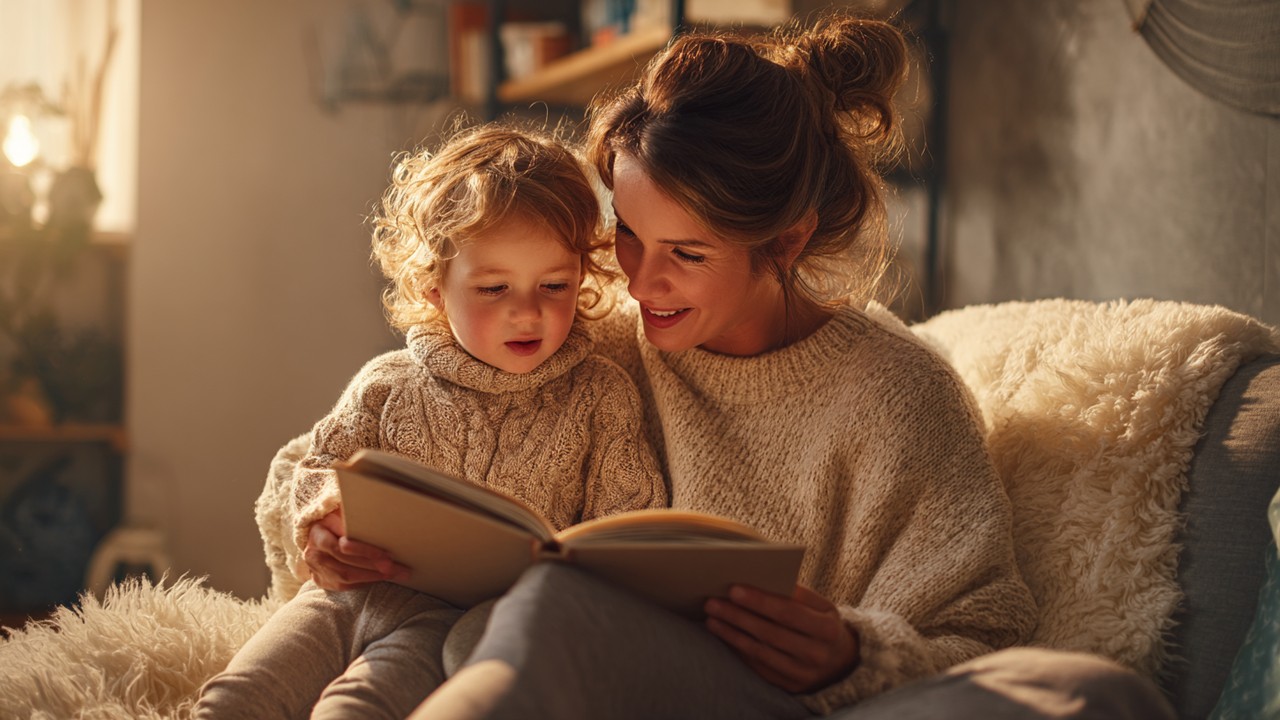 Aile ve çocuk, sıcak ve samimi bir oturma odasında hikaye kitabı okurken, merak ve heyecan ifadeleriyle, doğal ışıkla aydınlatılmış.