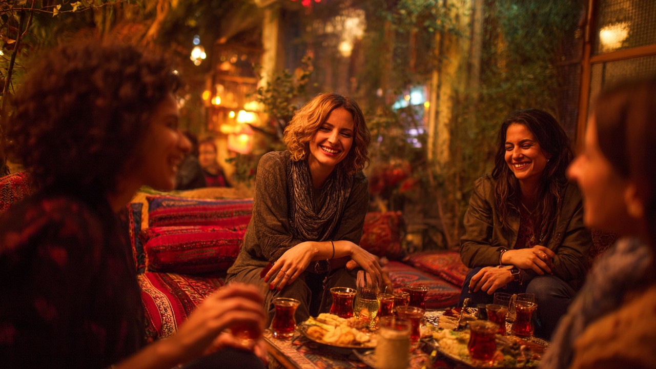Akşam saatlerinde geleneksel Türk rakı sofrasında arkadaşların meze ve rakı bardaklarıyla sohbet ettiği samimi ve kültürel atmosfer.