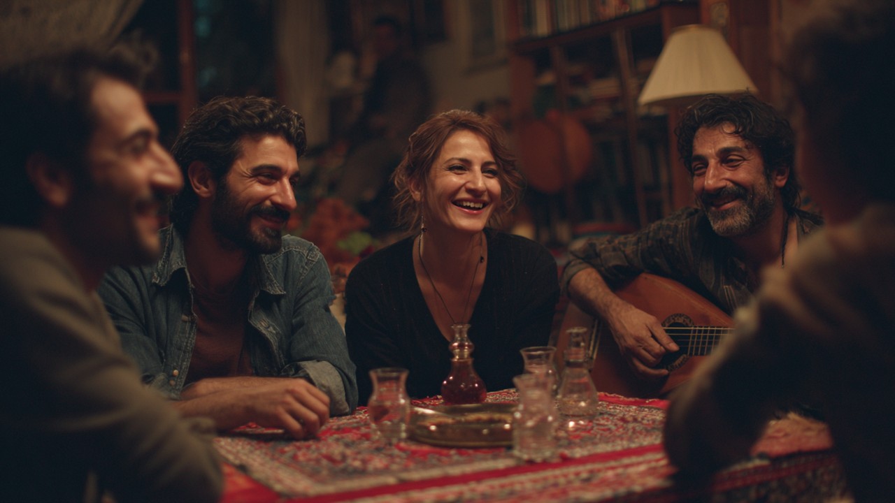Bir grup yakın arkadaş, rakı masasında gülümseyerek hikâyeler paylaşırken, geleneksel müzik enstrümanlarının eşliğinde duygusal bağları güçlendiriyor.