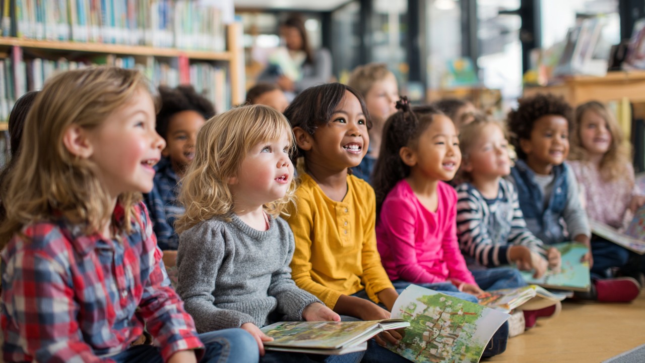 Çeşitli yaşlardaki çocukların (bebek, ilkokul, pre-teen) sınıf veya kütüphane ortamında hikaye kitaplarıyla ilgilendiği ve dikkatle dinlediği neşeli öğrenme ortamı.