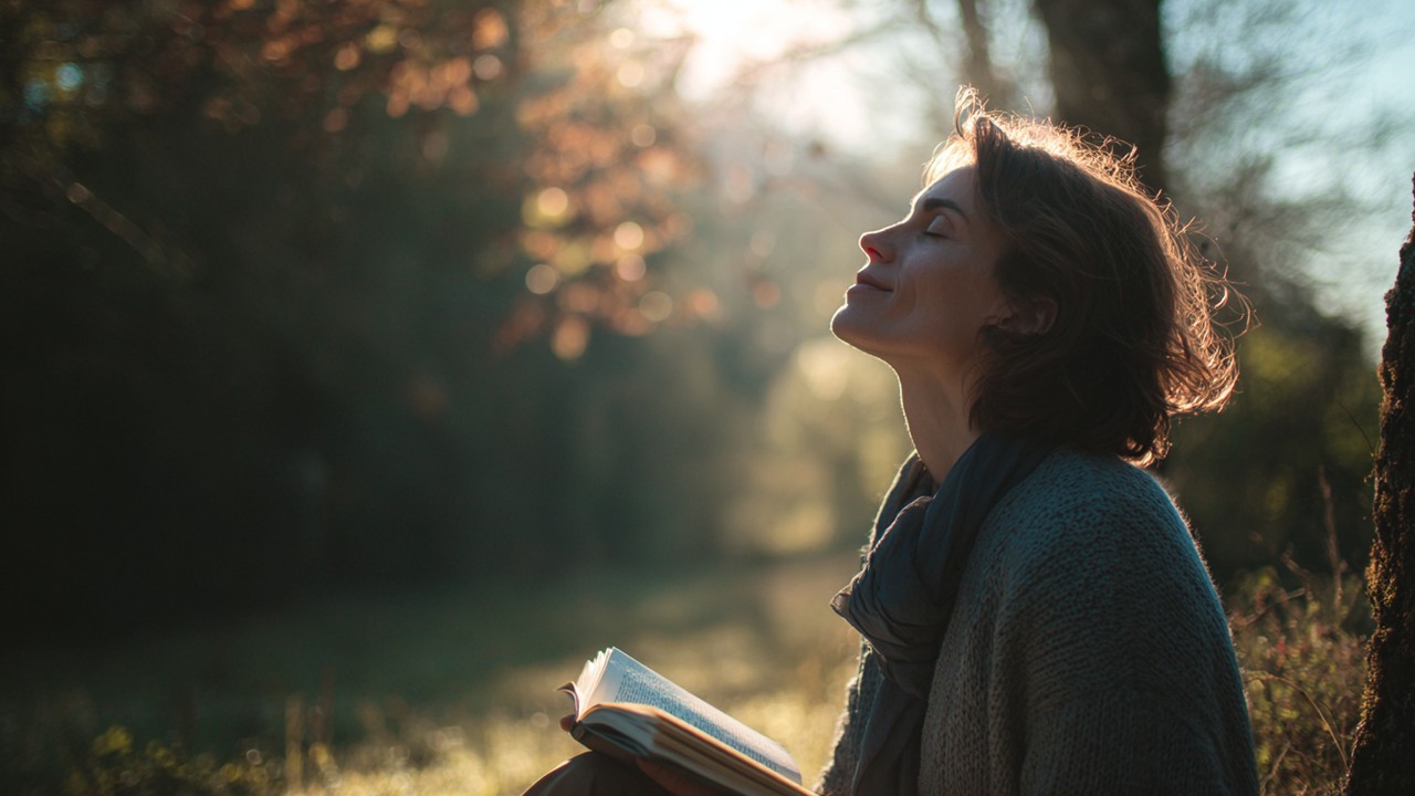 Doğa içinde oturan ve kitap okuyan kişinin gözleri kapalı, sakinlik ve ruhsal rahatlama ile şiir okuma anı, doğa ve meditasyon.