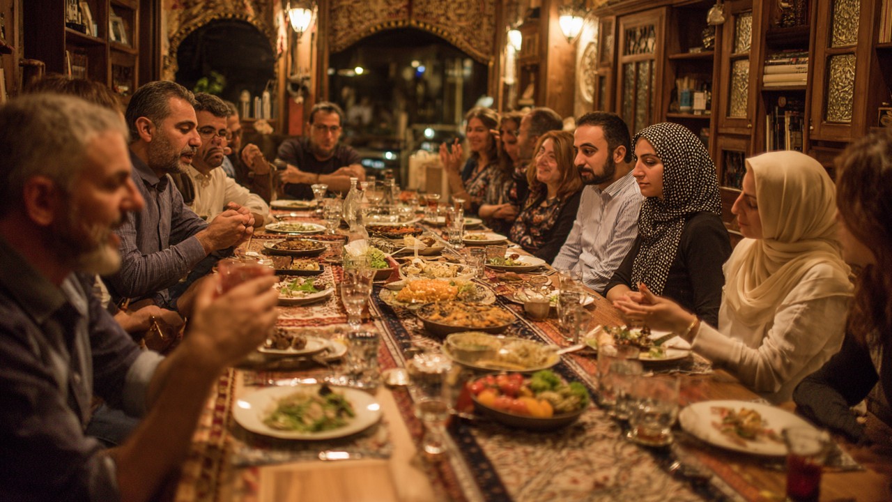 Düzenli rakı sofrasında çeşitli insanlar şiir paylaşırken samimi sohbet ve geleneksel Türk meze ikramlarıyla kültürel bağ kuruyor.