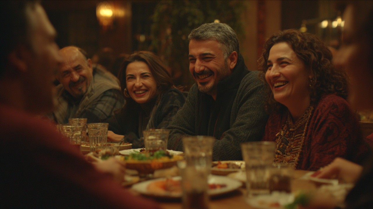 Düzenli rakı sofrasında rakı bardakları, meze tabakları ve gülen Türkler samimi sohbet ediyor.