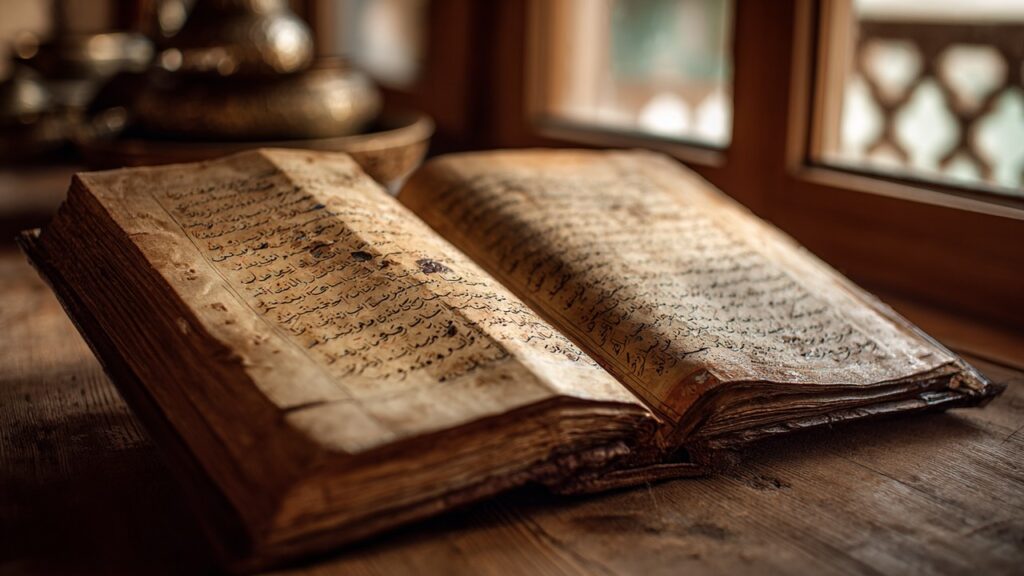 Eski, açık Türkçe el yazısıyla yazılmış sayfalarıyla ahşap masada duran tarihi kitap, doğal ışıkla aydınlatılmış sıcak ve nostaljik atmosfer.