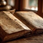 Eski, açık Türkçe el yazısıyla yazılmış sayfalarıyla ahşap masada duran tarihi kitap, doğal ışıkla aydınlatılmış sıcak ve nostaljik atmosfer.