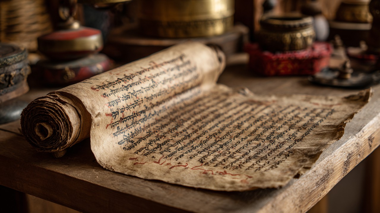 Eski Türkçe el yazması veya parşömen, geleneksel kaligrafi ve tarihi objelerle tahta masada sergileniyor.