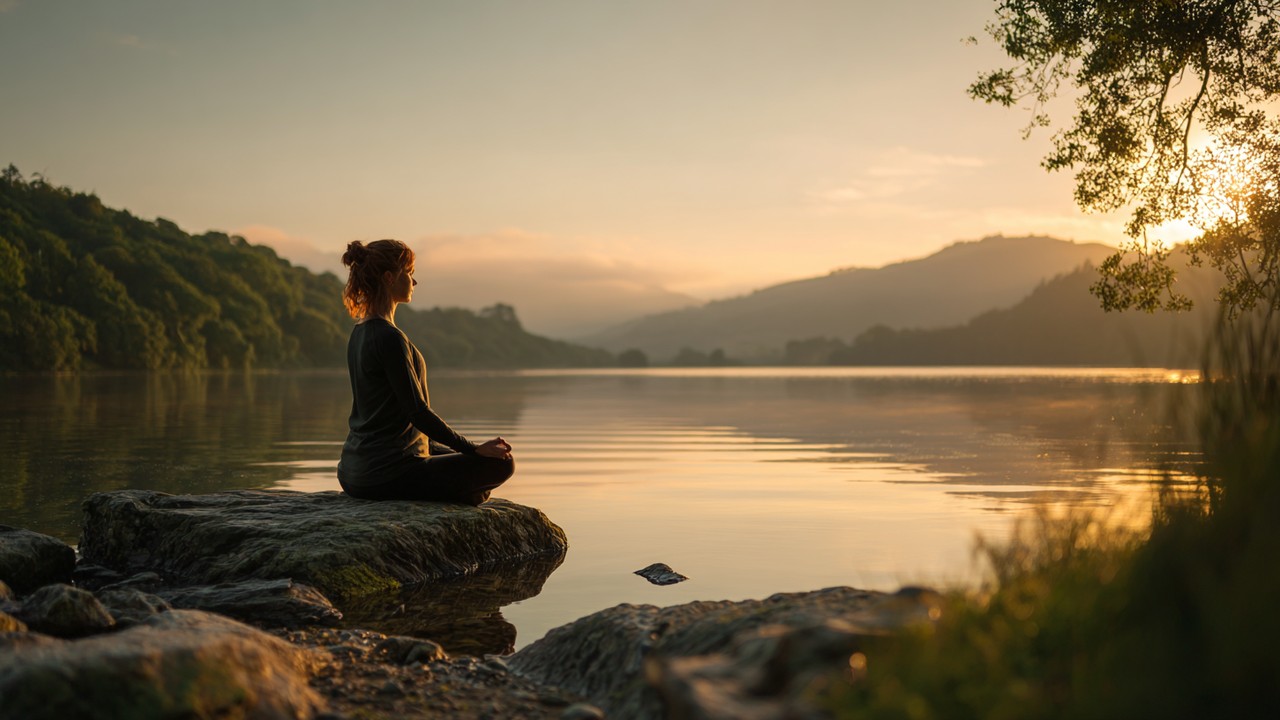 Güneş doğarken göl kenarında oturan kişi, farkındalık meditasyonu yaparak zihinsel açıklık ve duygusal denge sağlıyor.
