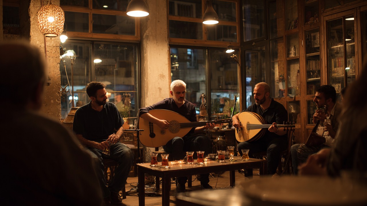 İç mekanda, rakı içen küçük grup ve canlı akustik müzik performansı, geleneksel Türk müzik enstrümanlarıyla samimi atmosfer.