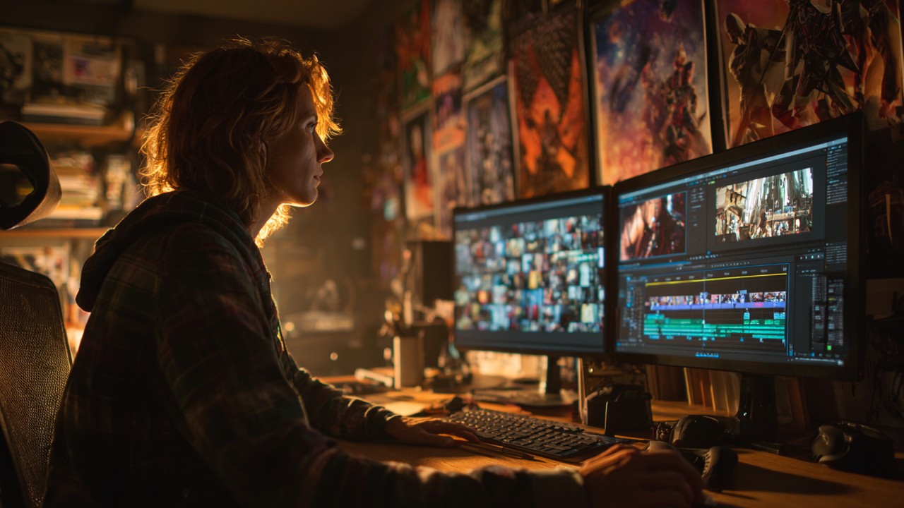 Karanlık stüdyoda film fragmanı düzenleyen film editörü, yüksek çözünürlüklü monitörde sahne ve sesleri dikkatle dengeleyerek izleyici beklentisini yönetiyor.