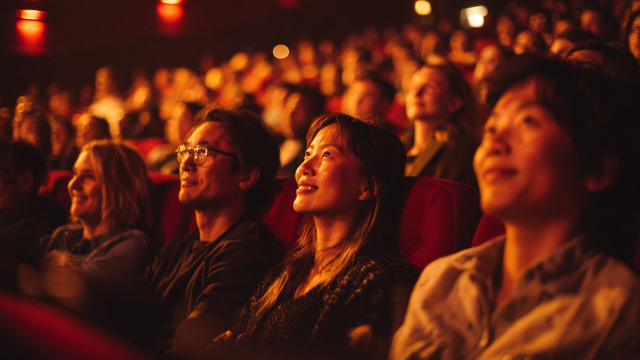 Küçük bir sinema salonunda çeşitli insanlar, film fragmanı izlerken merak ve duygusal bağlar gösteriyor, sıcak ışıklar eşliğinde.