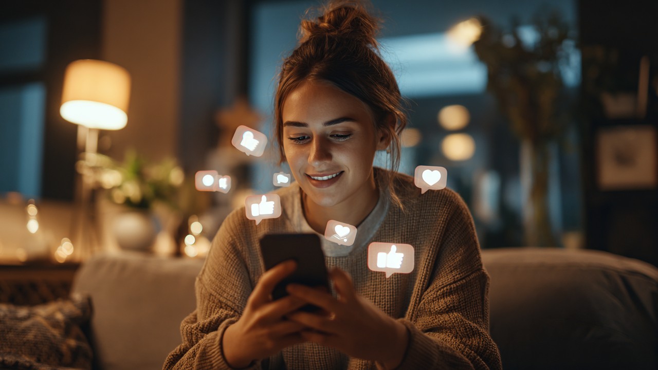 Küçük yaşta yetişkin, iç mekan ortamında akıllı telefon kullanırken, beğeni ve yorum simgeleriyle çevrili, dijital iletişim ve sosyal medya etkileşimi.