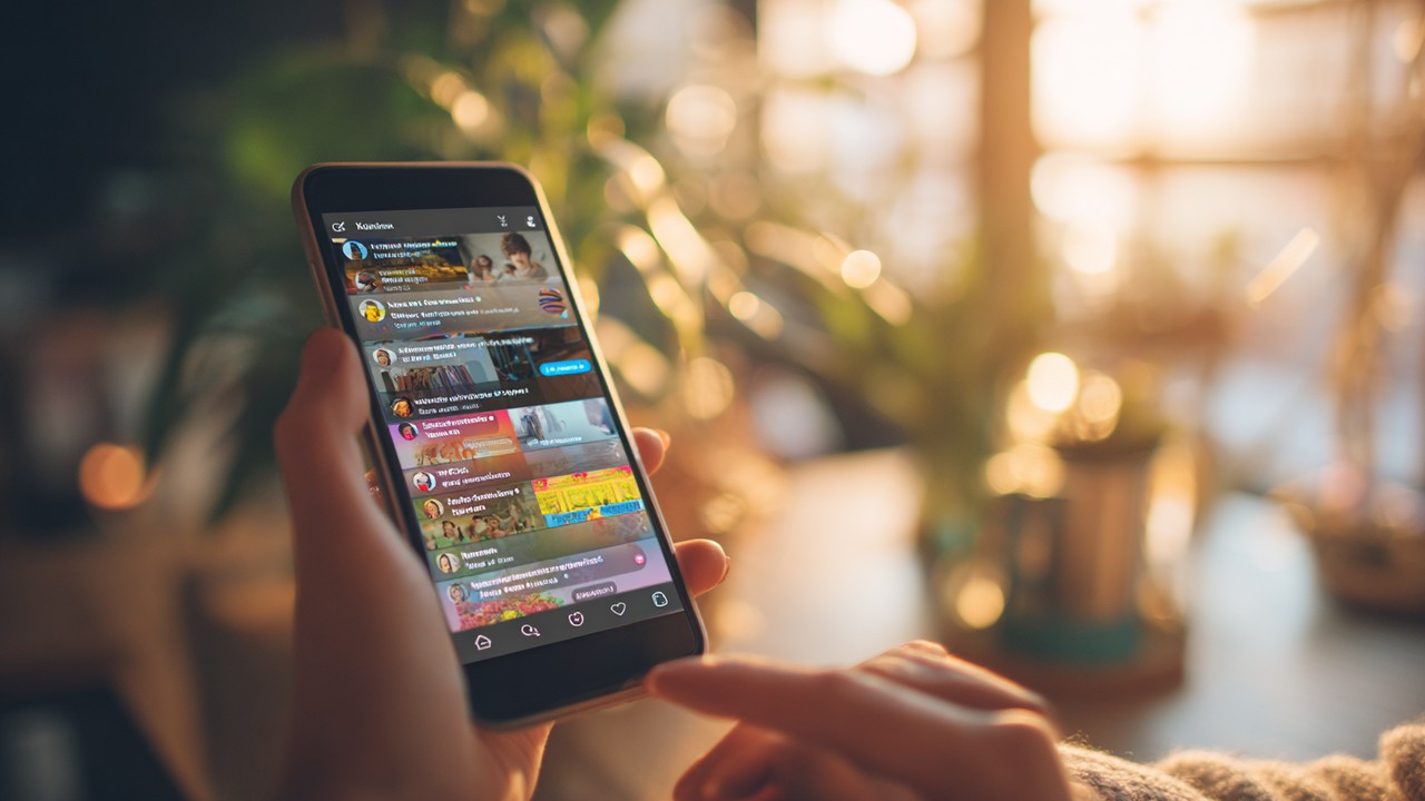 Modern akıllı telefon ekranında renkli sosyal medya gönderileri ve yorumlar, iç mekan doğal ışıkta, internet kültürünün dinamik ve viral doğasını yansıtan canlı bir görsel.