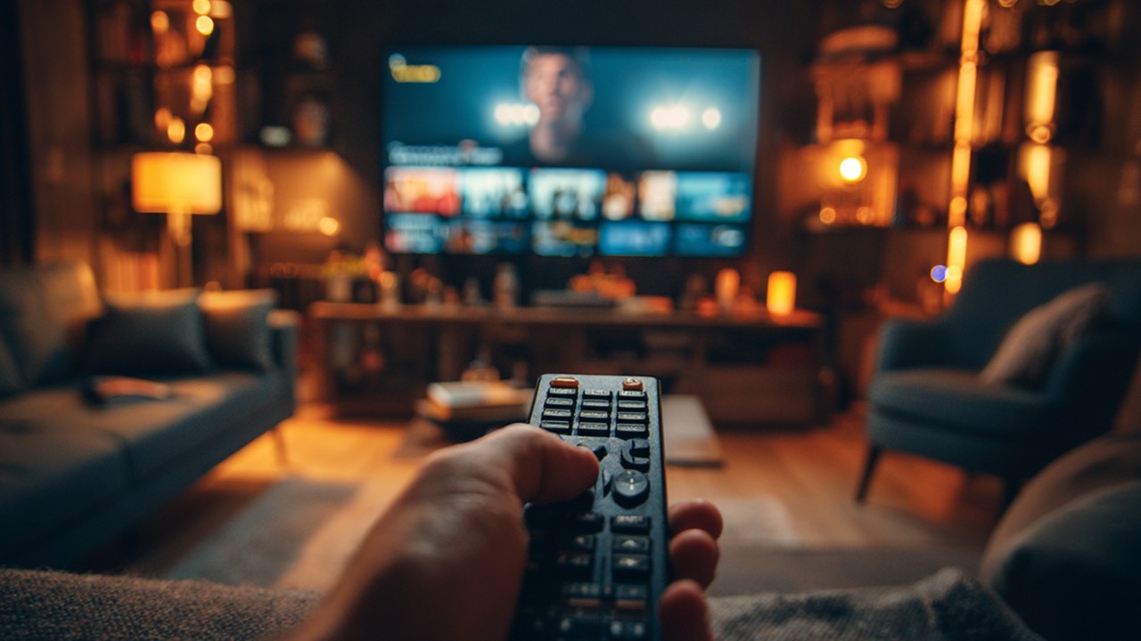 Modern ev eğlence sistemi, büyük düz ekran televizyon ve rahat oturma alanlarıyla rahat ve samimi atmosfer.