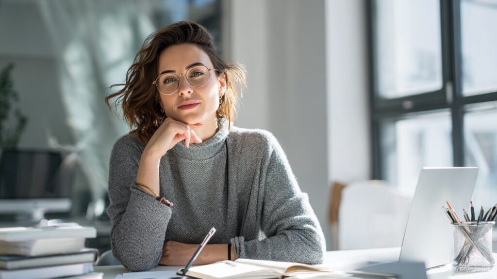 Modern ofis ortamında, not defteri ve kalem tutan kendinden emin genç profesyonel, doğal ışık ve kitaplarla çevrili.