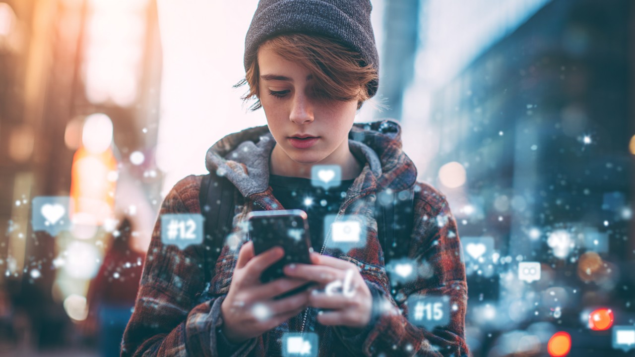 Modern şehirde akıllı telefon kullanan genç, sosyal medya ikonları ve hashtagler ile dil evrimini temsil ediyor.