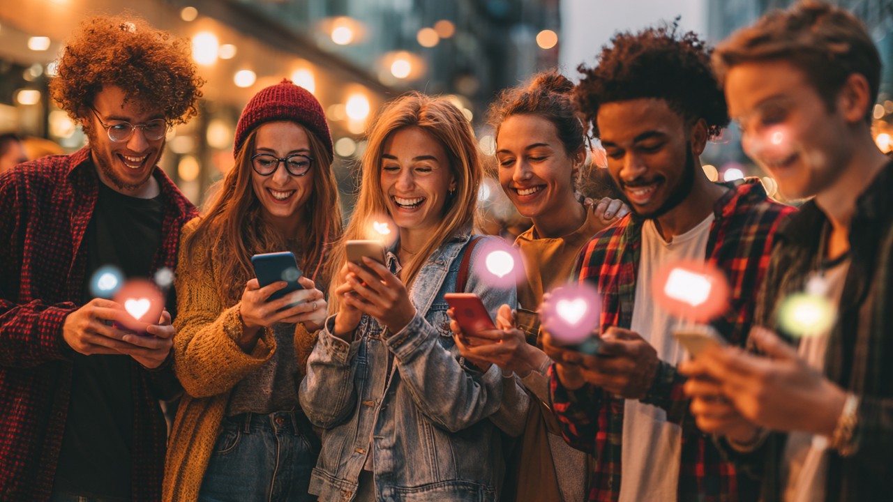 Modern şehirde, akıllı telefonlarla sosyal medya paylaşımı yapan çeşitli genç yetişkinler, dijital iletişim ve duyguları yansıtan görüntü.