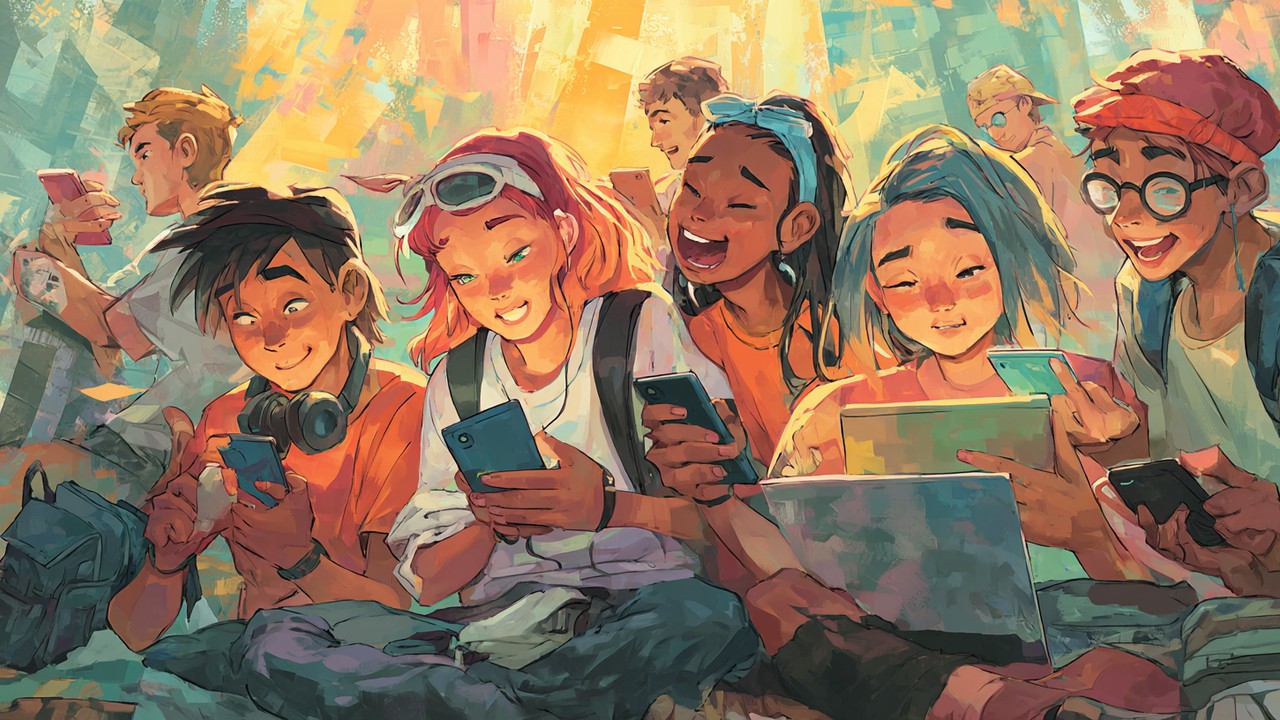 Modern şehirde gençler, akıllı telefon ve dizüstü bilgisayar kullanarak mizahi içerik paylaşımı ve oluşturması yaparken, dijital medya ve sosyal medya trendlerini yansıtıyor.