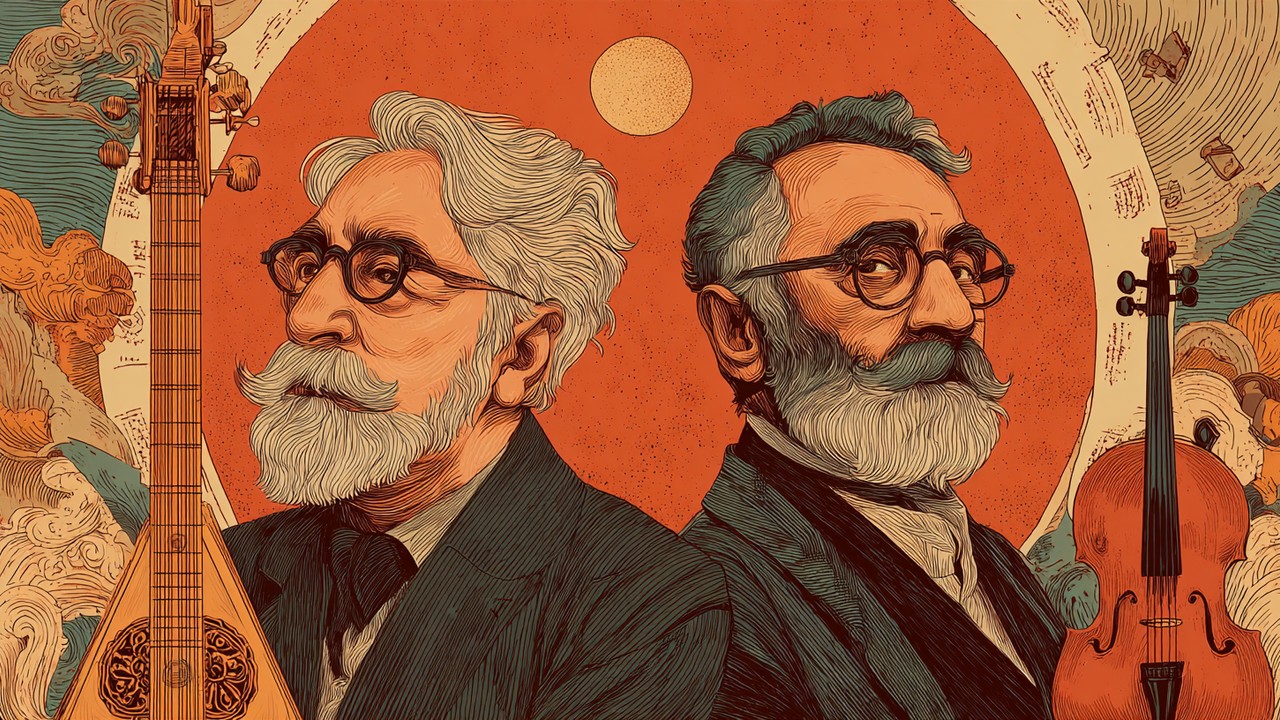 Neyzen Tevfik ve Orhan Veli Kanık'ın sembolik portresi, geleneksel Türk müzik aletleri ve şiir rulosuyla sıcak vintage arka planda.