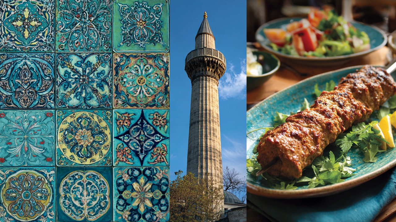 Osmanlı kültürünü yansıtan minare, çini seramikler, geleneksel Türk kebabı ve tarihi belgeyi içeren uyumlu kolaj.