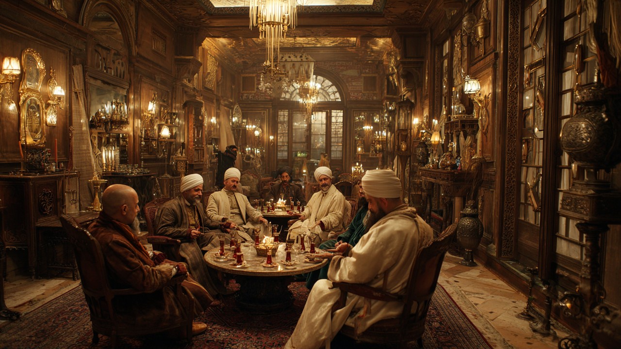 Ottoman dönemi ilhamlı odada, entelektüeller ve sanatçılar rakı masasında sohbet ve şiir okuyor, sıcak mum ışığında kültürel atmosfer.