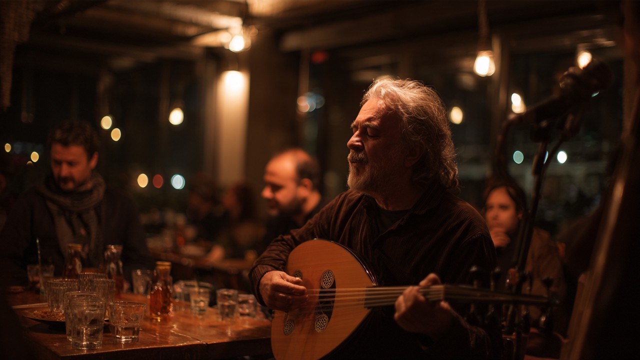 Rakılı masada bağlama veya ud çalan, duygulu ve samimi canlı müzik performansı, sıcak ışık ve dinleyicilerin ilgisiyle atmosfer.