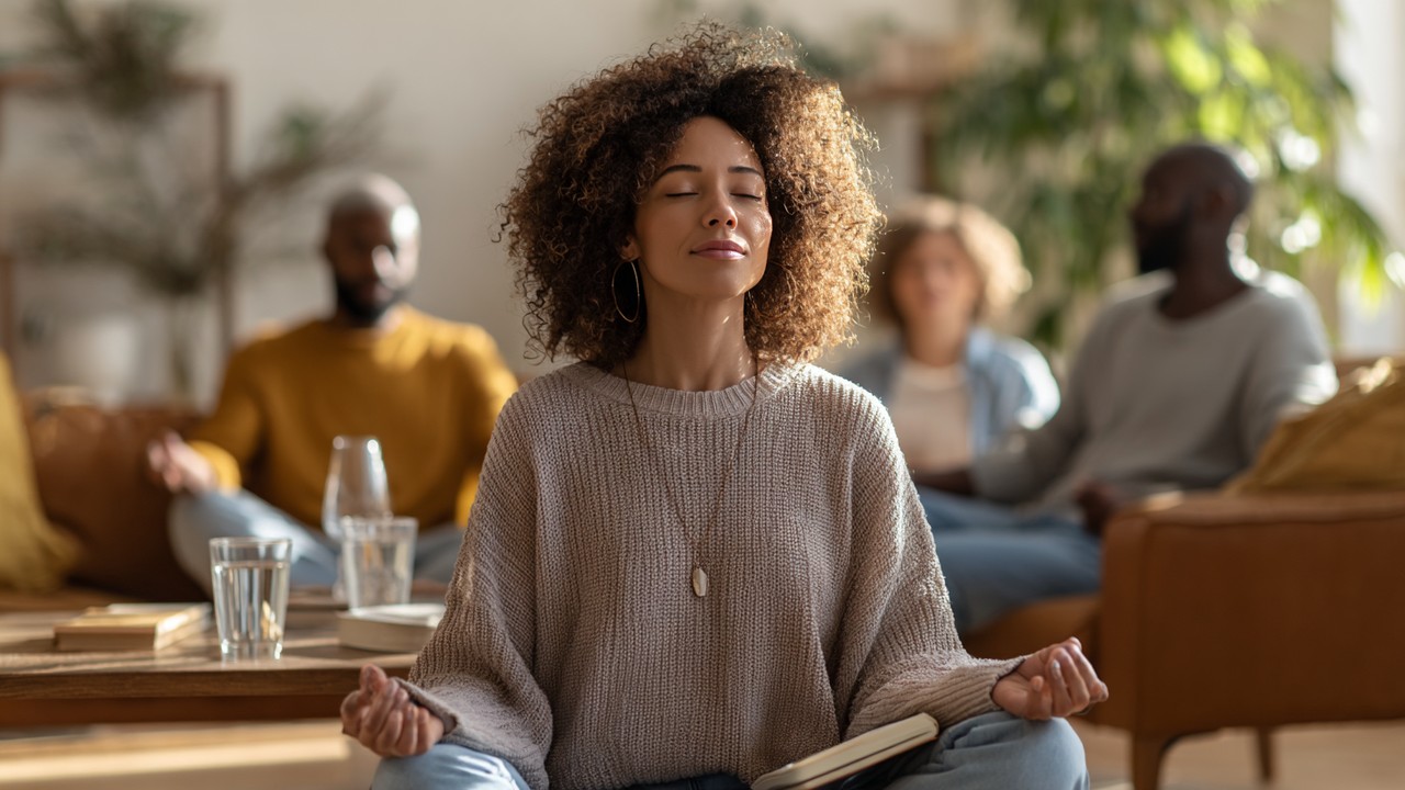 Renkli ve samimi ev ortamında meditasyon, günlük tutma ve su içme yapan çeşitli insanlar, sağlıklı yaşam ve kişisel gelişim.