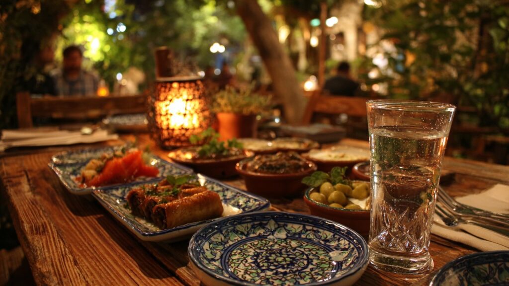Rustik ahşap masada meze ve buzlu rakı bardağıyla samimi akşam yemeği, sıcak atmosfer ve dostane sohbet.