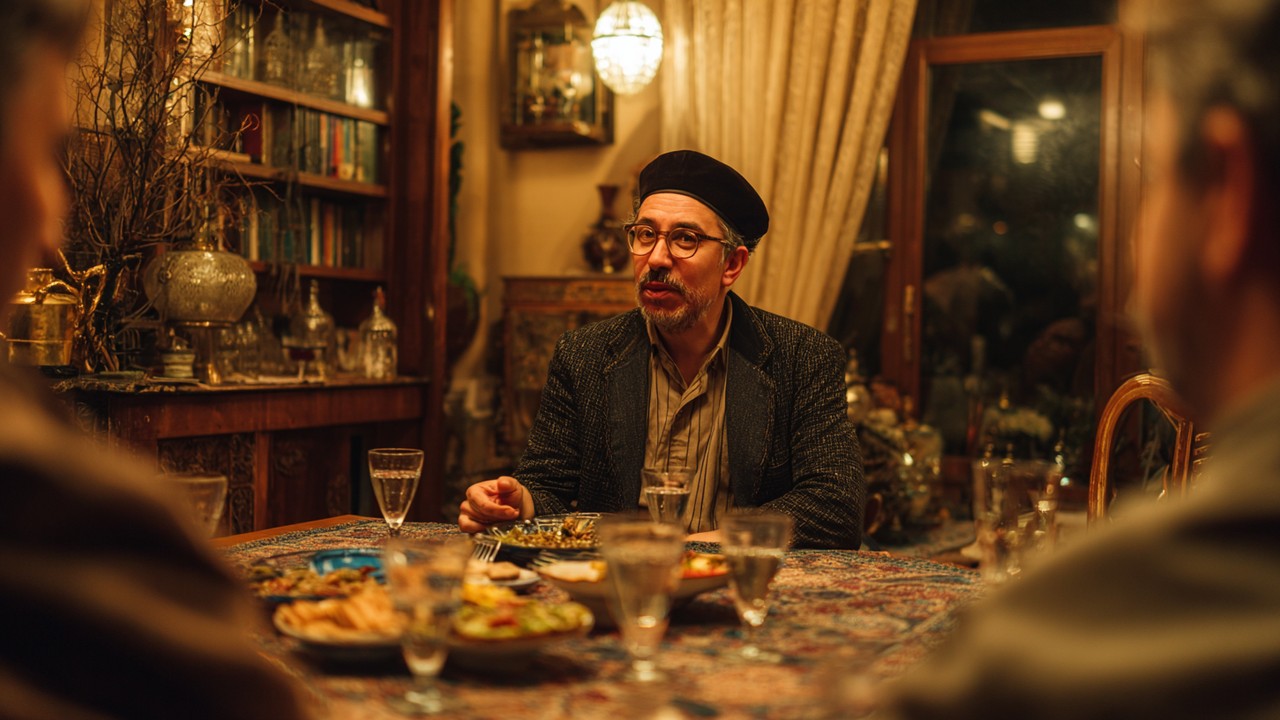 Samimi bir rakı masası sahnesinde şairin şiir okurken, meze ve rakı bardaklarıyla sıcak atmosfer.