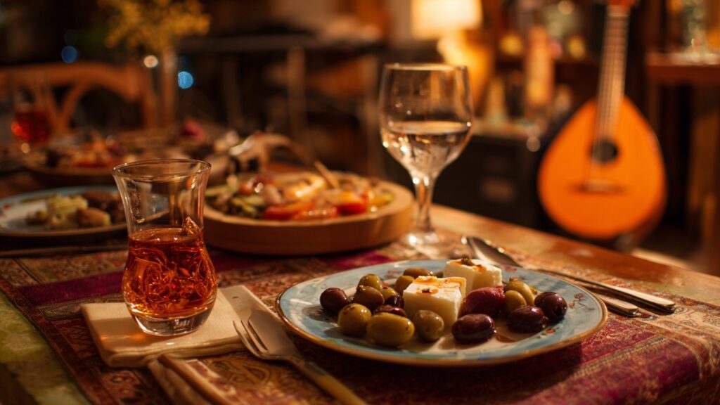 Samimi bir Türk rakı akşamı, meze ve buzlu rakı bardağıyla, arkadaşlarla rahat ve samimi ortamda müzik eşliğinde.