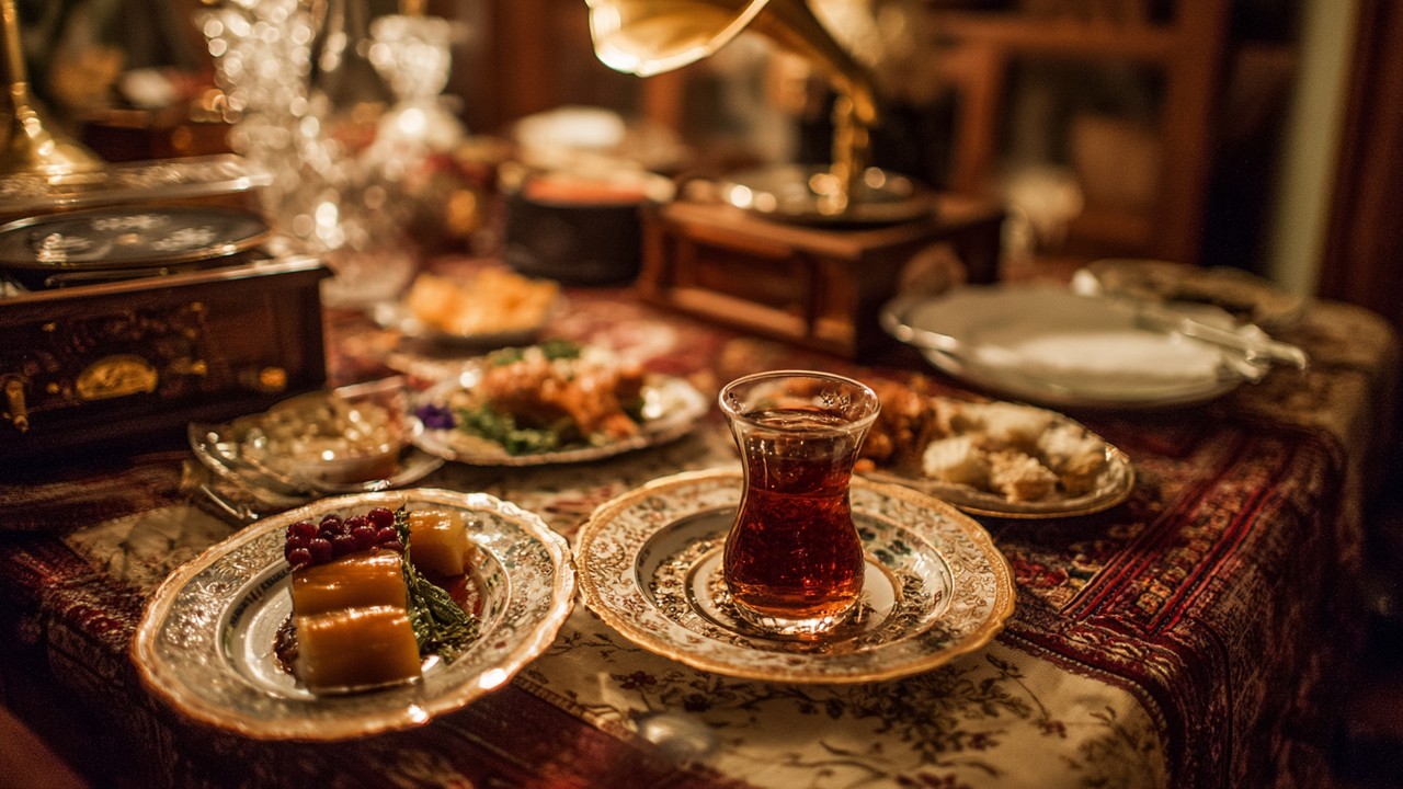 Samimi bir Türk rakı sofrası, meze ve arkadaşlarla gece buluşması, vintage gramofon ve geleneksel müzik enstrümanlarıyla nostaljik atmosfer.