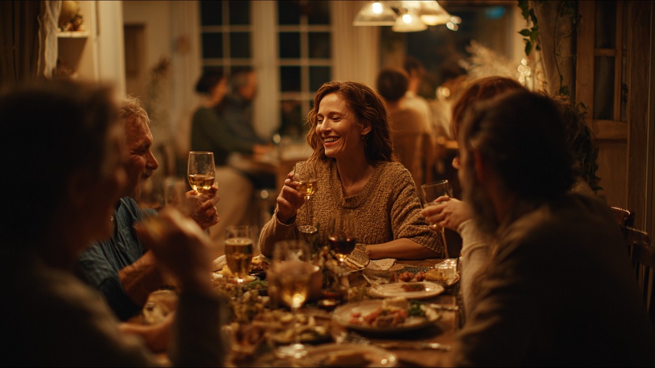 Samimi bir Türk rakı sofrasında arkadaşlar meze ve rakı eşliğinde sohbet ediyor, sıcak ve kültürel bir ortam.