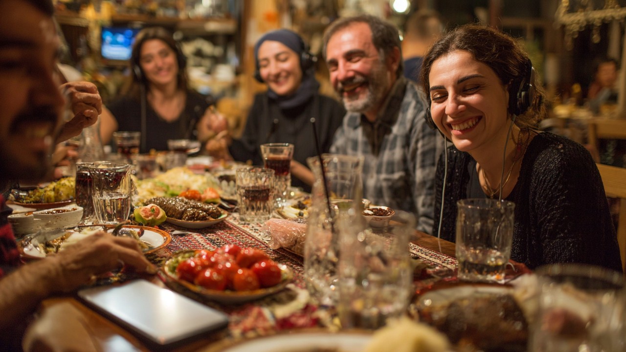 Samimi rakı sofrasında çeşitli insanların meze ve rakı eşliğinde müzik dinleyip keyif aldığı, sosyal ve huzurlu ortamı gösteren içeriğin görseli.