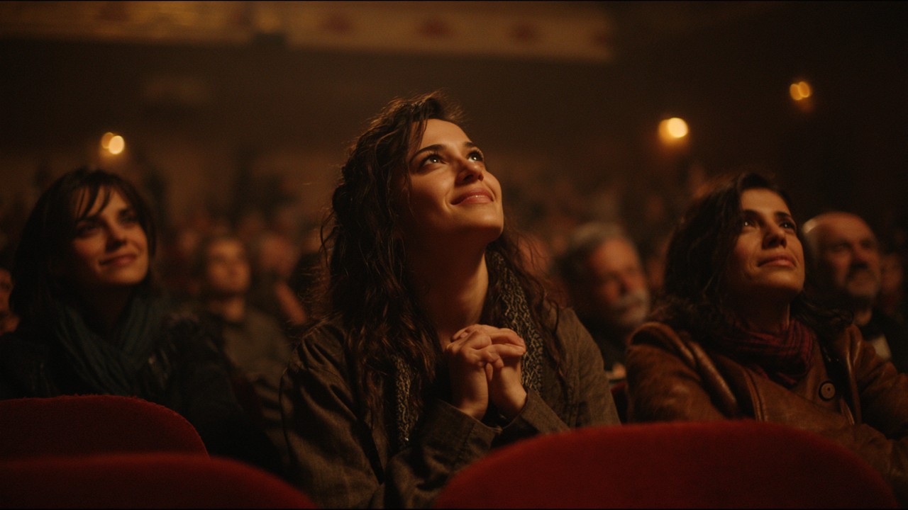 Samimi ve çeşitli izleyicilerin duygusal olarak Türk drama filmi izlerken empati ve bağ kurduğu, sıcak ve gerçekçi sinema salonu atmosferi