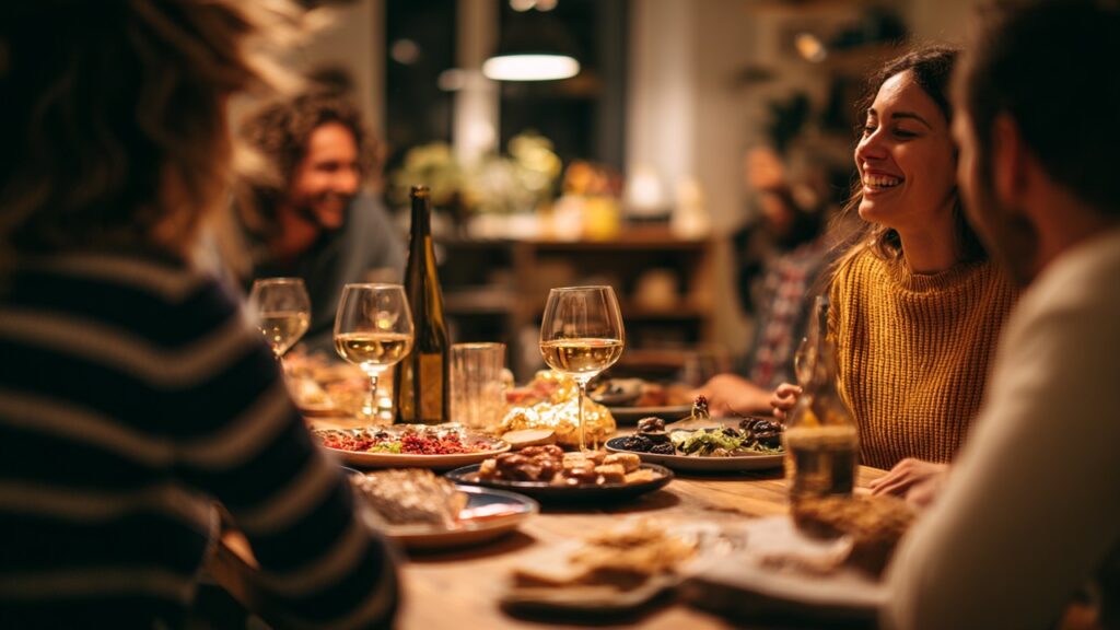 Sıcak ortamda arkadaşlarla geleneksel Türk rakı sofrası, meze, rakı şişesi ve rakı bardaklarıyla keyifli sohbet.