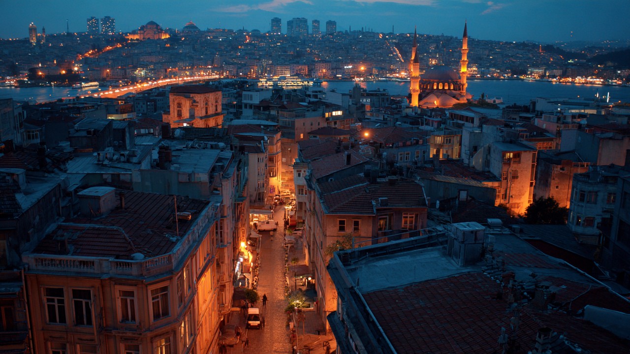 Tarihi İstanbul gece vakti, eski mimari ve modern şehir manzarası, sıcak ışıklar ve zamanın iç içe geçtiği atmosfer.