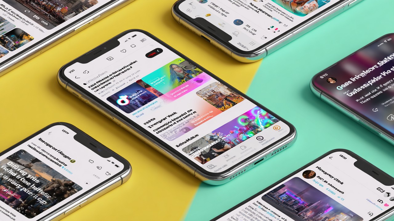 Üç akıllı telefon ekranının Instagram, Twitter ve TikTok arayüzlerini gösteren, canlı ve etkileşimli sosyal medya içerikleriyle modern, renkli kolaj.