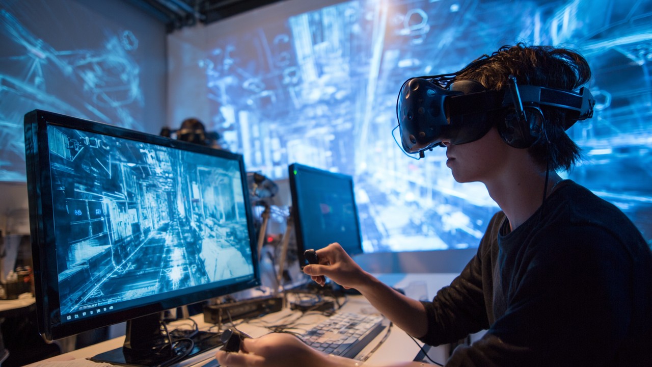 VR gözlükleri takmış kişi, artırılmış gerçeklik ve etkileşimli unsurlarla dolu geleceğin sinema tanıtım teknolojilerini deneyimliyor.