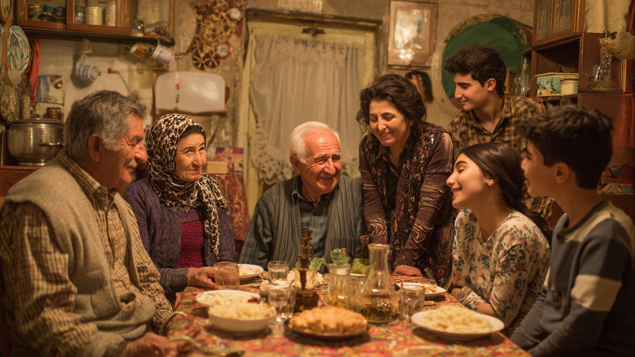 Aile ortamında, büyüklerin gençlere rakı geleneklerini anlattığı, samimi ve kültürel bağları güçlendiren sıcak bir sahne.