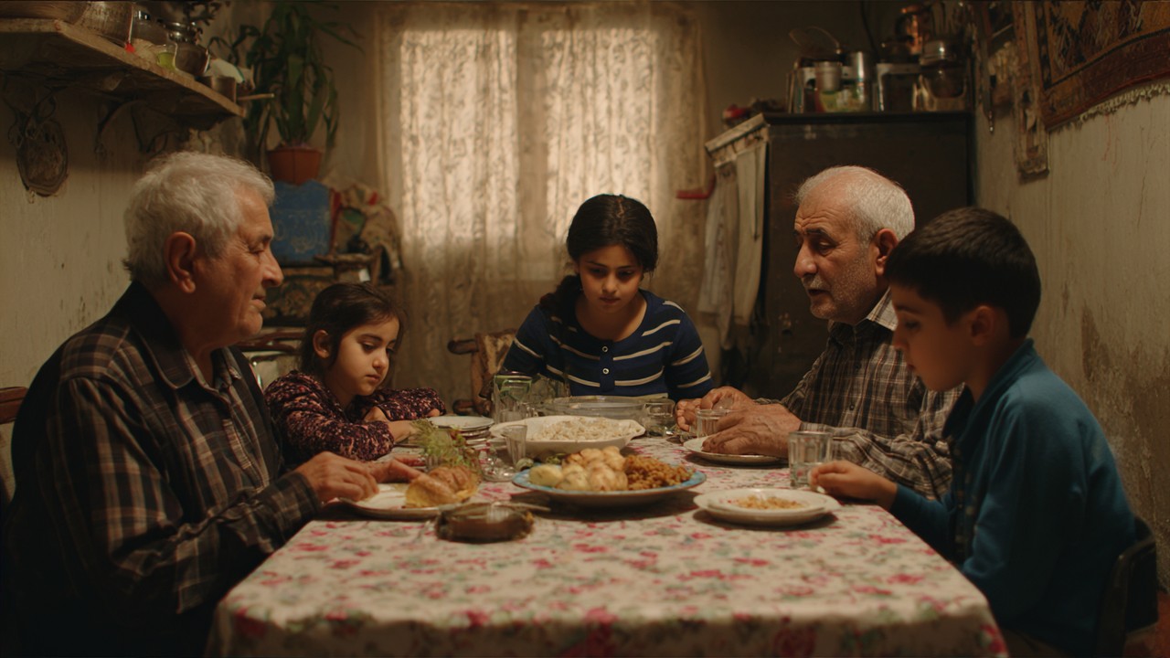 Aile yemek masasında geleneksel ve modern tarzların karışımıyla, büyükler ve torunlar arasında şaka ve tartışma içeren samimi anlar.