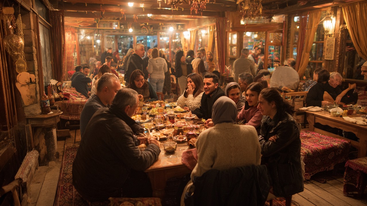 Anadolu meyhane iç mekanı, çeşitli insanların rakı ve mezeler eşliğinde samimi sohbet ve müzikle eğlendiği atmosfer.