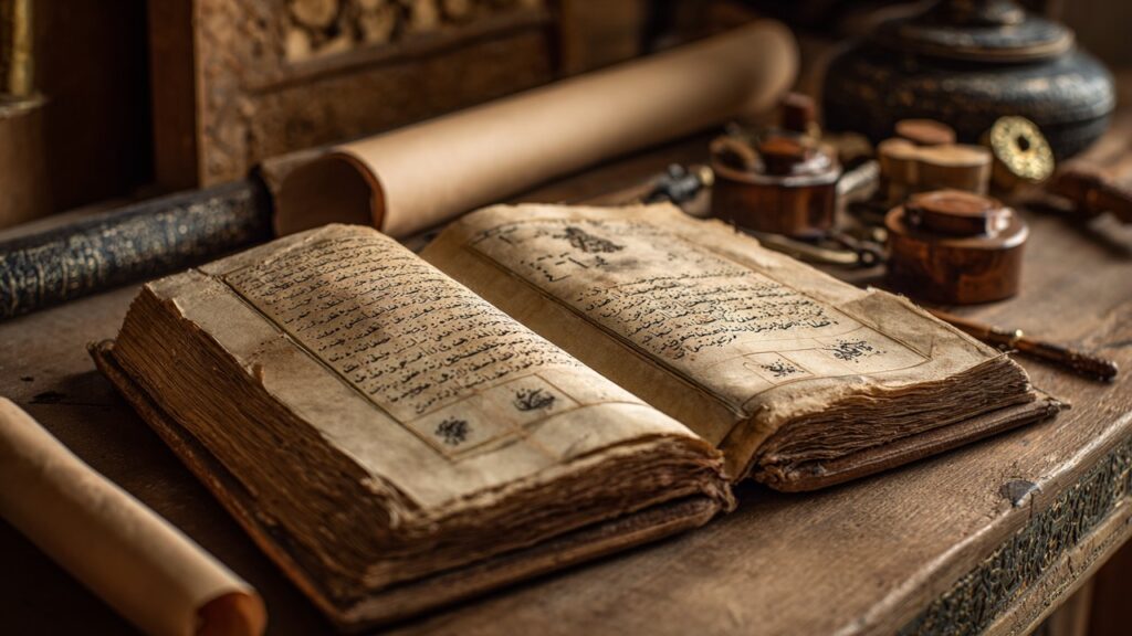 Antik Osmanlı Türkçe yazılı açık kitap, ahşap masada, geleneksel hat araçları ve eski kağıt rulolarıyla tarihi ve akademik atmosfer.