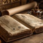 Antik Osmanlı Türkçe yazılı açık kitap, ahşap masada, geleneksel hat araçları ve eski kağıt rulolarıyla tarihi ve akademik atmosfer.
