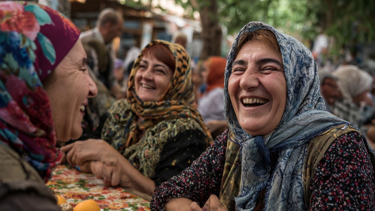 Canlı ve renkli geleneksel Türk kültür festivali sahnesinde, insanlar güler yüzlü ve samimi sohbetler yaparken doğal gün ışığında kutlama atmosferi