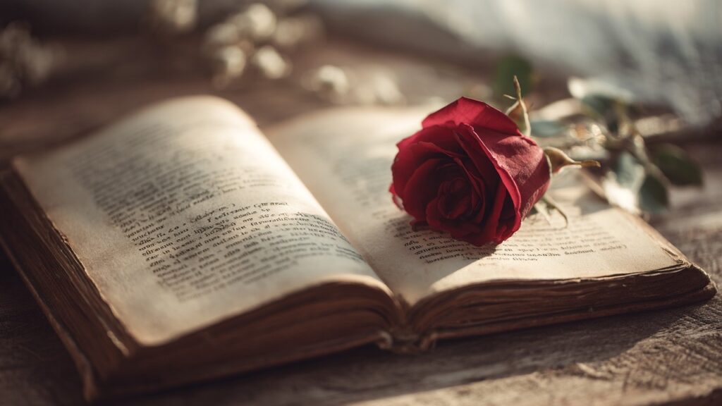 Eski açık kitap ve kırmızı gül, doğal ışıkta romantik ve şık ortamda, klasik şiirlerle dolu, yüksek kaliteli stok fotoğraf.