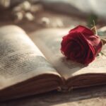 Eski açık kitap ve kırmızı gül, doğal ışıkta romantik ve şık ortamda, klasik şiirlerle dolu, yüksek kaliteli stok fotoğraf.